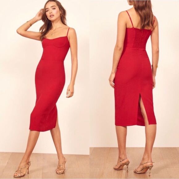 Reformation Isabel Midi Dress Size 2 in Cherry Red - Picture 1 of 11
